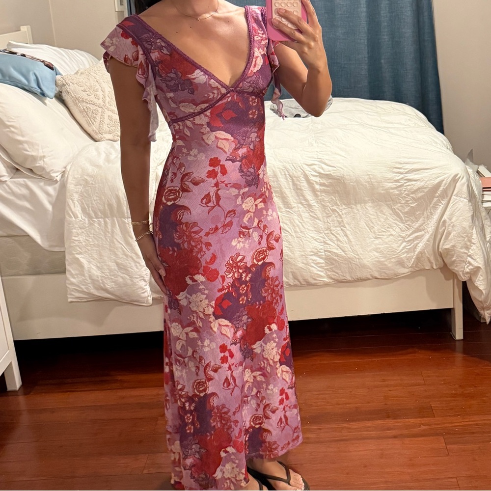 Princess Polly Lilac Floral V-Neck Maxi Dress with Red Accents